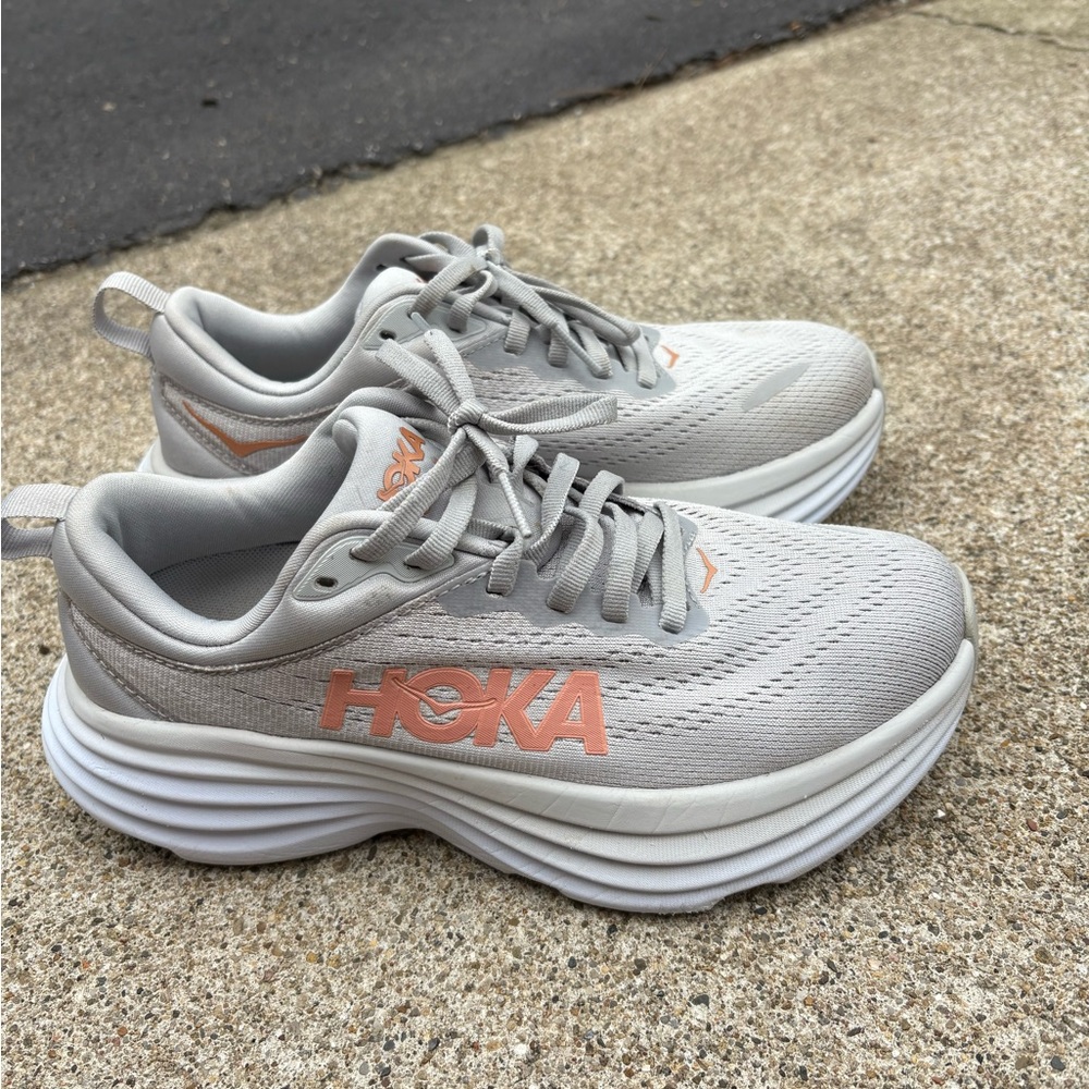 Hoka Light Gray and Peach Running Shoes